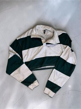 H&M Striped Cropped Rugby Sweater in White and Forest Green